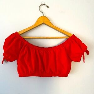 J. Crew Size Small Textured Red Off the Shoulder Crop Top with Tie Sleeves